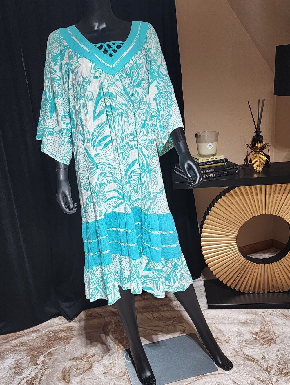 NATIONAL 80s Tropical Caftan Dress Turquoise Resort Boho Midi M/L - Picture 4 of 12